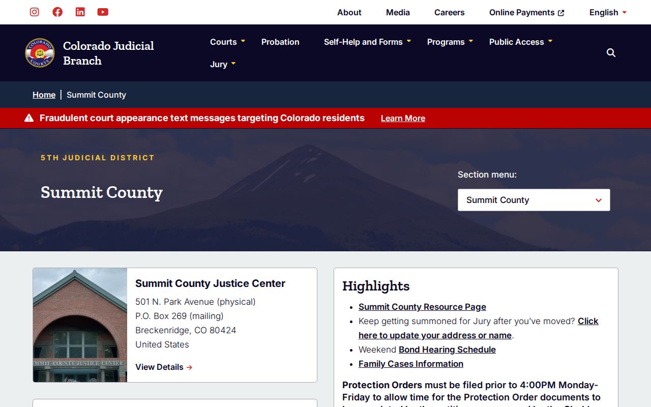 Colorado Judicial Branch Summit County Justice Center page