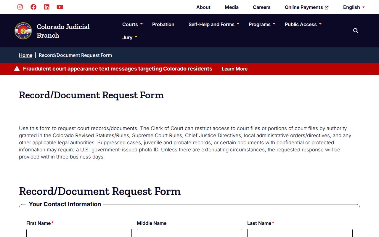 Colorado court record request form fields for Summit County records