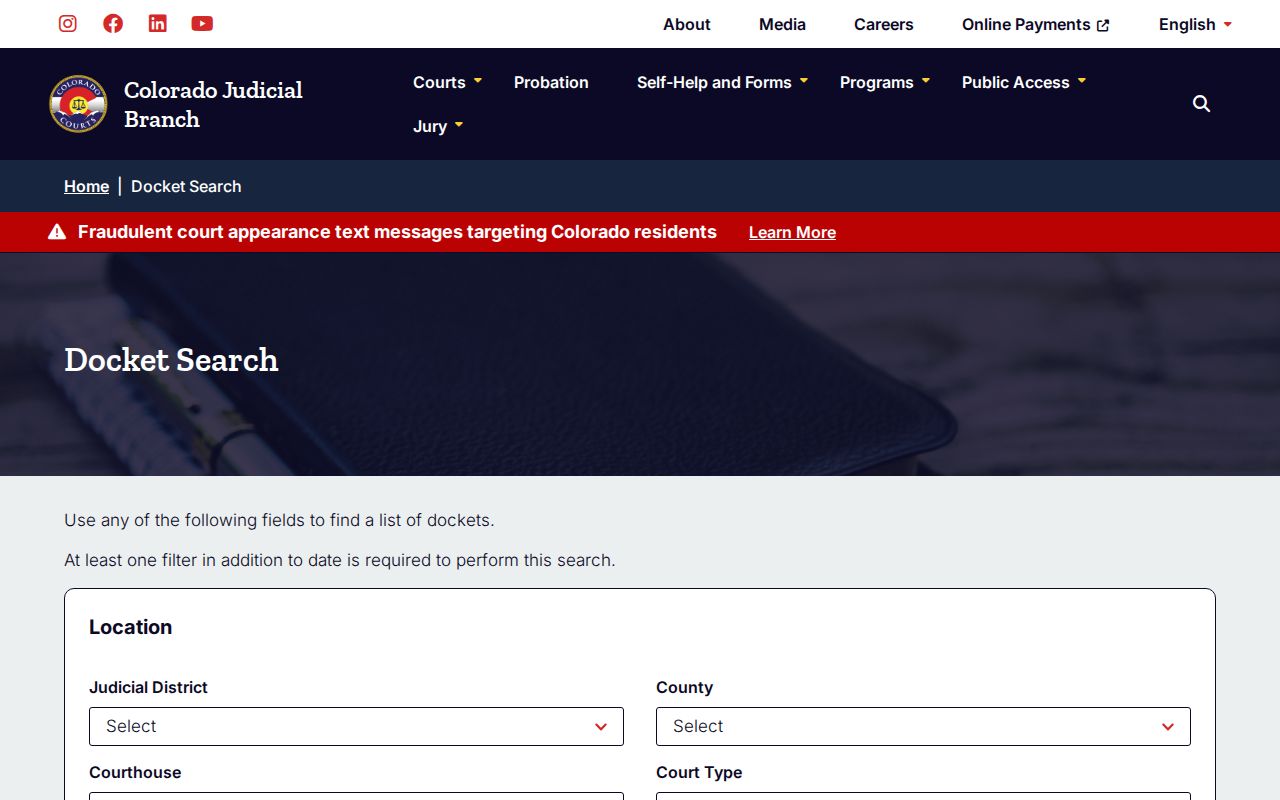 Official Colorado docket search fields for Summit County court records