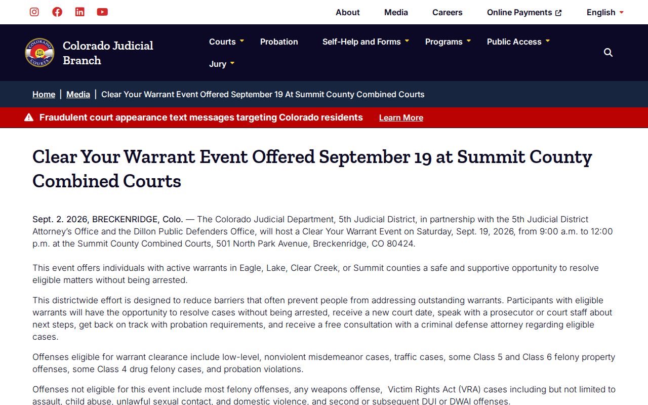 Colorado Judicial Branch Clear Your Warrant event announcement for Summit County