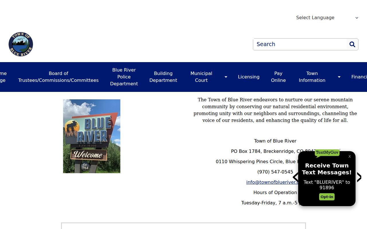 Blue River warrant records Town Hall contact and public access route